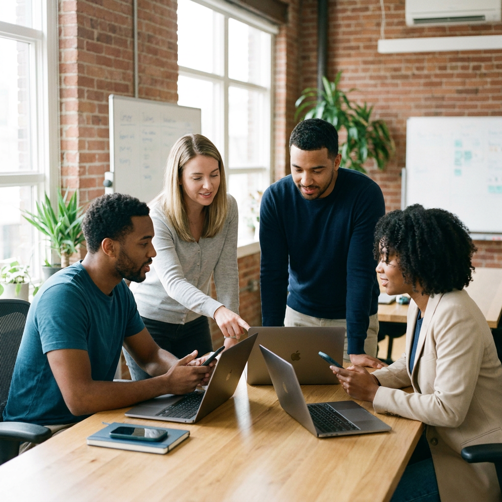Foto eines kleinen Unternehmens-Teams, das gemeinsam an einem Tisch sitzt und auf Laptops und Smartphones schaut, freundliche und authentische Atmosphäre, helles Büro