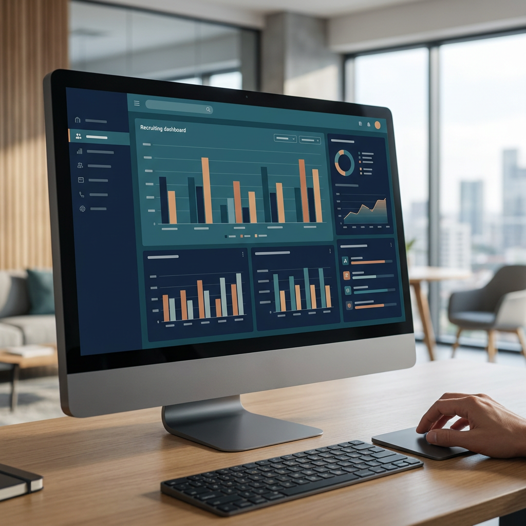 Grafik eines zentralen Recruiting-Dashboards mit Balkendiagrammen zur Performance verschiedener Jobportale, moderne UI-Darstellung, professionelle Farbgebung in Dunkelblau und Orange