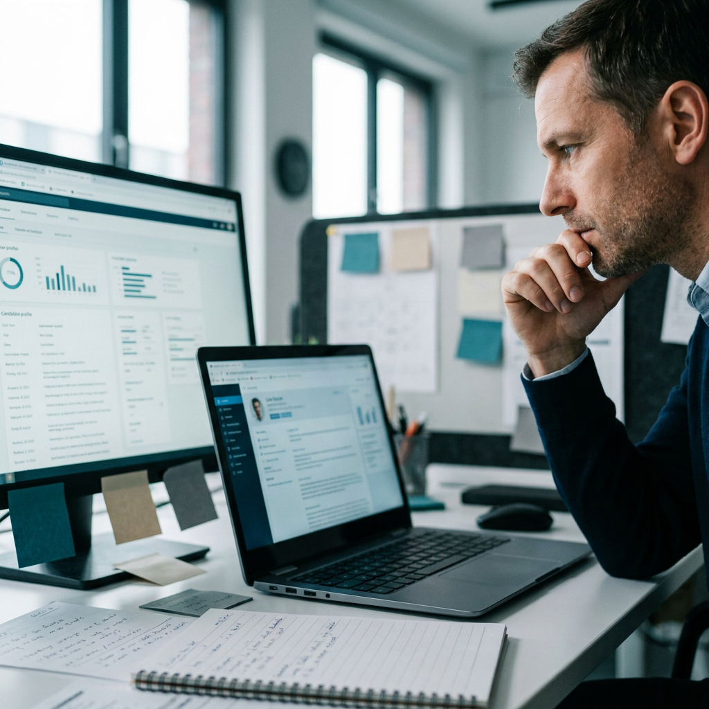 Nahaufnahme eines Recruiters am Laptop, der ein detailliertes Kandidatenprofil analysiert, mit Notizen und Post-its im Hintergrund, konzentrierte Arbeitsatmosphäre