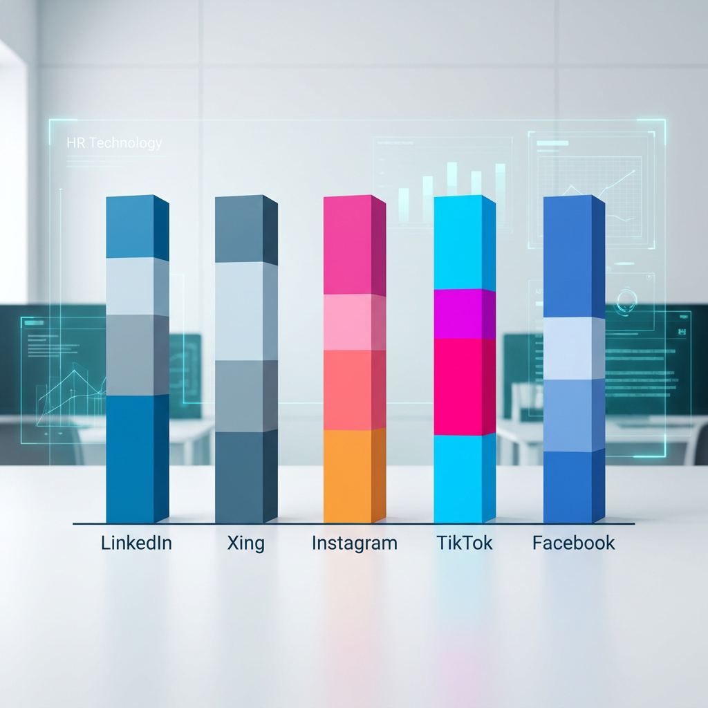Vergleichende Grafik der fünf Plattformen mit Nutzeraltersgruppen als Balkendiagramm, Farben passend zu den jeweiligen Plattform-Markenfarben, klares und modernes Design