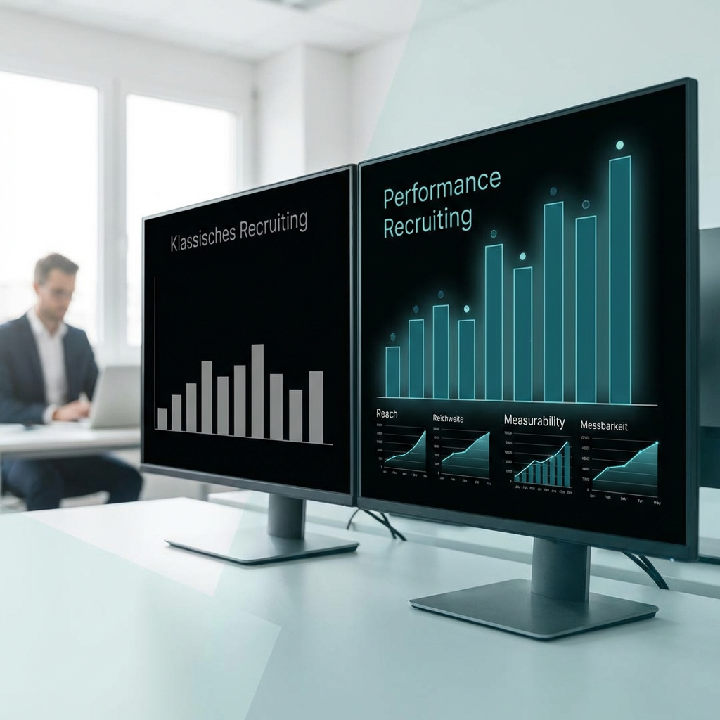Vergleichsvisualisierung zwischen klassischer Stellenanzeige und Performance Recruiting Kampagne, zeigt Reichweite und Messbarkeit als Balkendiagramm