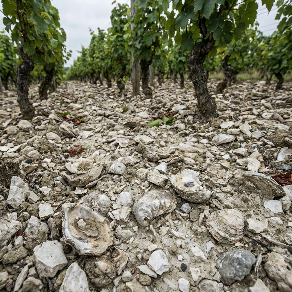 Detailaufnahme der Kimmeridgium-Böden in einer Grand-Cru-Lage, fossile Austernschalen sichtbar im weißlich-grauen Kalkgestein, Weinreben im Hintergrund