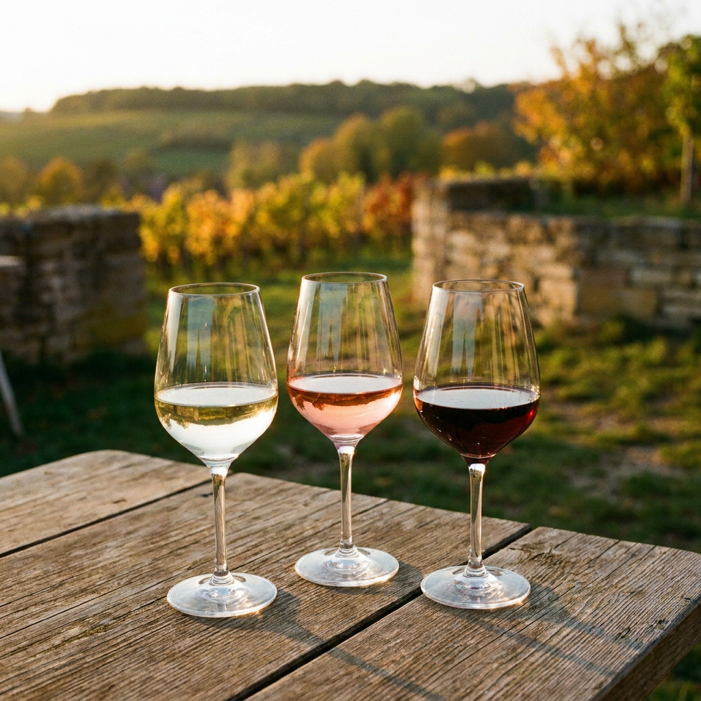 Drei Weingläser nebeneinander auf einem Holztisch, unterschiedliche Weinstile - Riesling, Rosé, Rotwein-Cuvée - im warmen Abendlicht, Weinprobe-Atmosphäre