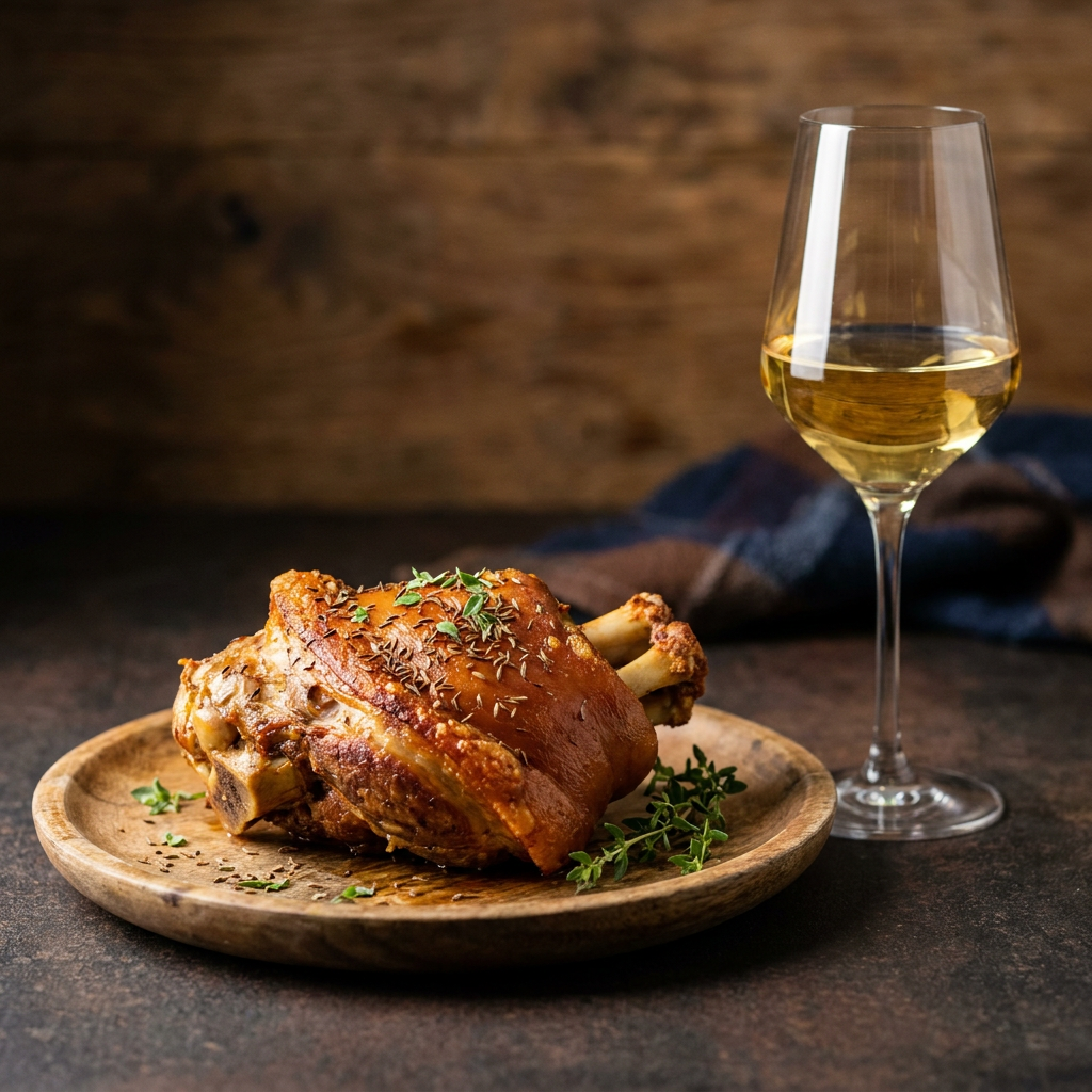 Eine goldbraune Schweinshaxe auf einem rustikalen Holzteller, daneben ein Weißweinglas mit einem klaren, goldgelben Riesling, Kümmel und frische Kräuter als Dekoration
