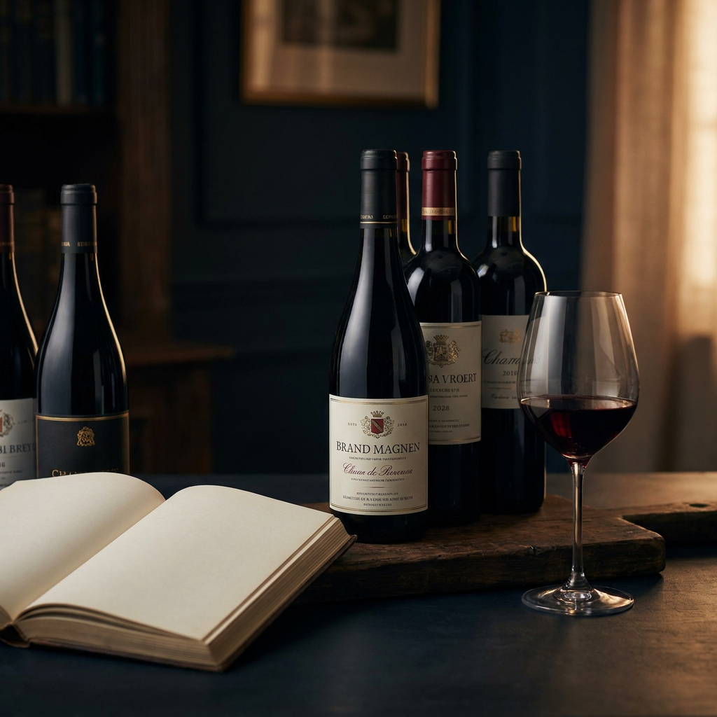 Elegante Rotweinflaschen mit verschiedenen europäischen Etiketten auf einem Holzbrett, daneben ein geöffnetes Buch und ein Glas mit tiefrotem Wein