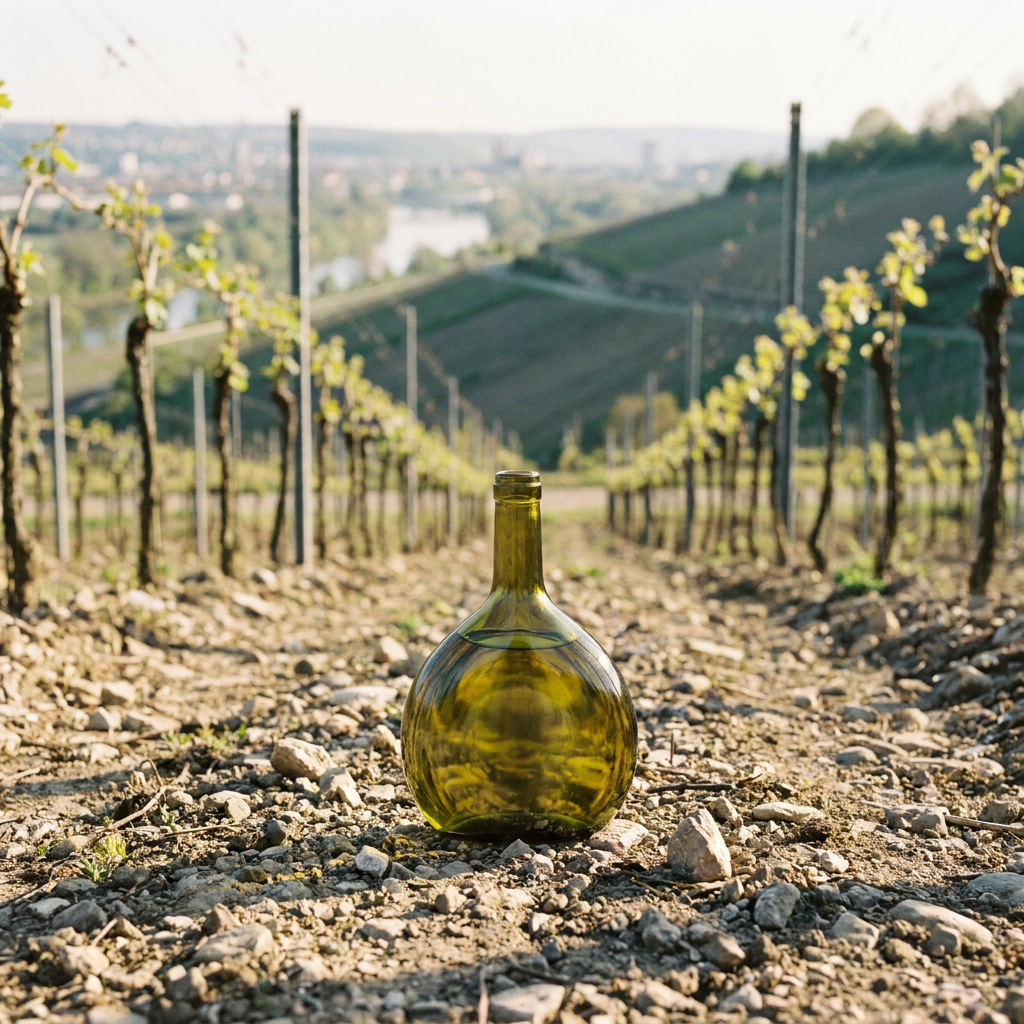 Fränkische Weinberge im Frühling mit Muschelkalk-Böden, im Vordergrund ein traditioneller Bocksbeutel mit Silvaner, im Hintergrund das Maintal bei Würzburg, weiches Morgenlicht