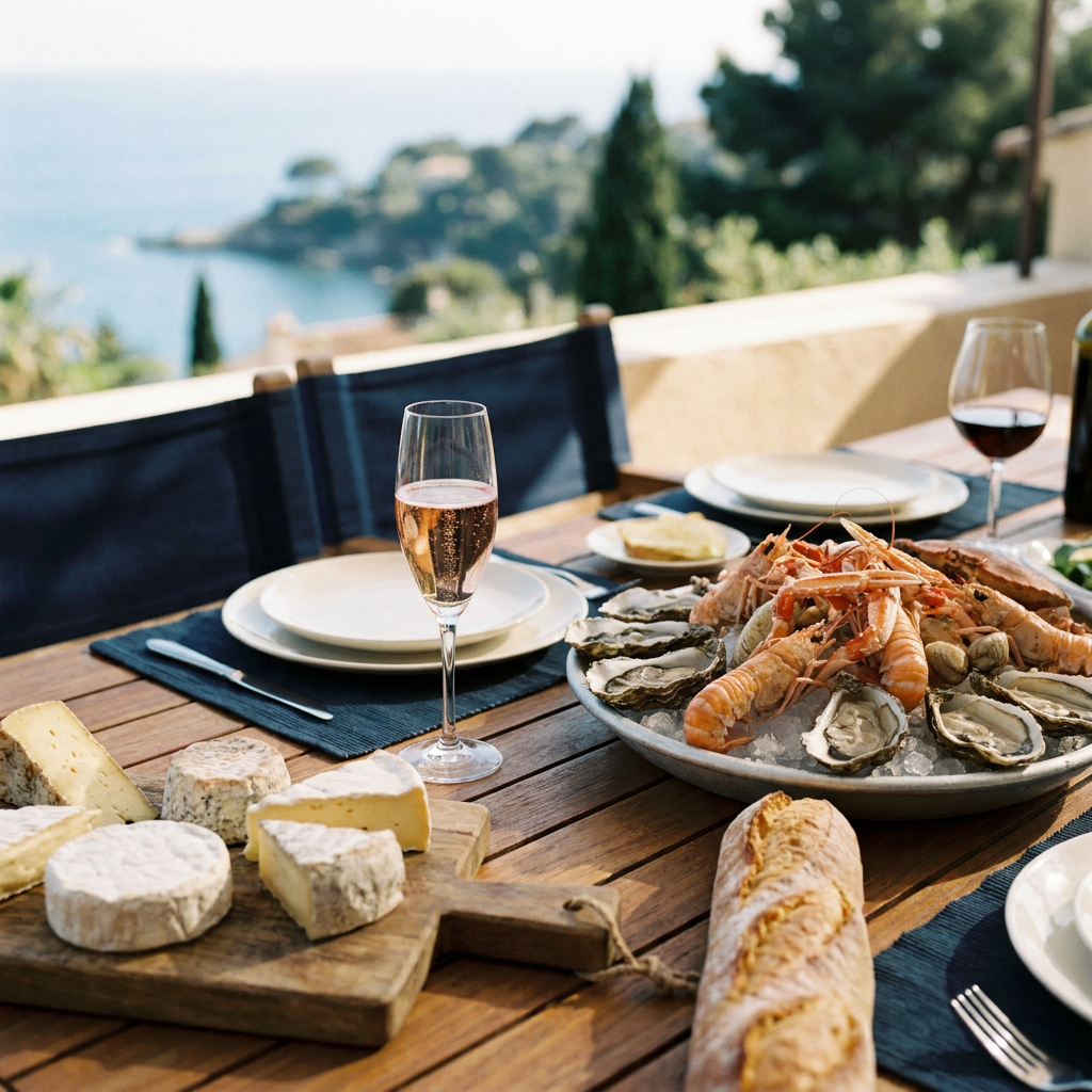 Gedeckter Tisch mit einem Glas Crémant Rosé, frischen Meeresfrüchten auf Eis, Käseplatte und Baguette, helles natürliches Licht, mediterrane Atmosphäre
