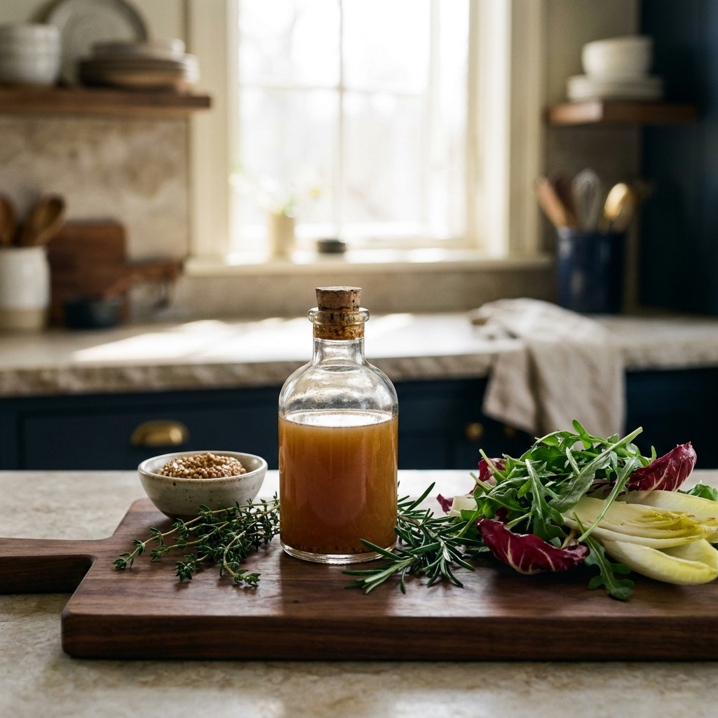 Helle Küchenszene mit einer kleinen Glasflasche Kombucha-Vinaigrette auf einem Holzbrett, daneben frische Kräuter, ein Schälchen mit Senf und ein Salatbouquet, natürliches Tageslicht