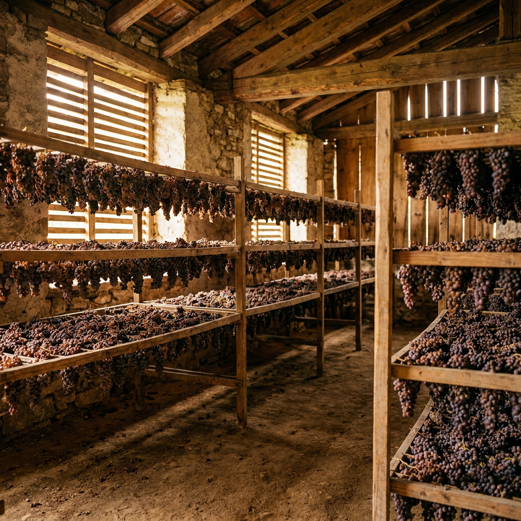 Holzroste mit getrockneten Corvina-Trauben in einem traditionellen Fruttaio im Valpolicella, warmes Herbstlicht fällt durch Holzlamellen
