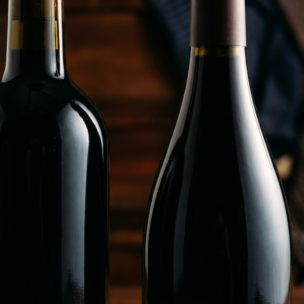 Nahaufnahme einer Bordeaux-Flasche und einer Burgunder-Flasche nebeneinander, Fokus auf den Schulterbereich, klares Seitenlicht, das die Formunterschiede hervorhebt