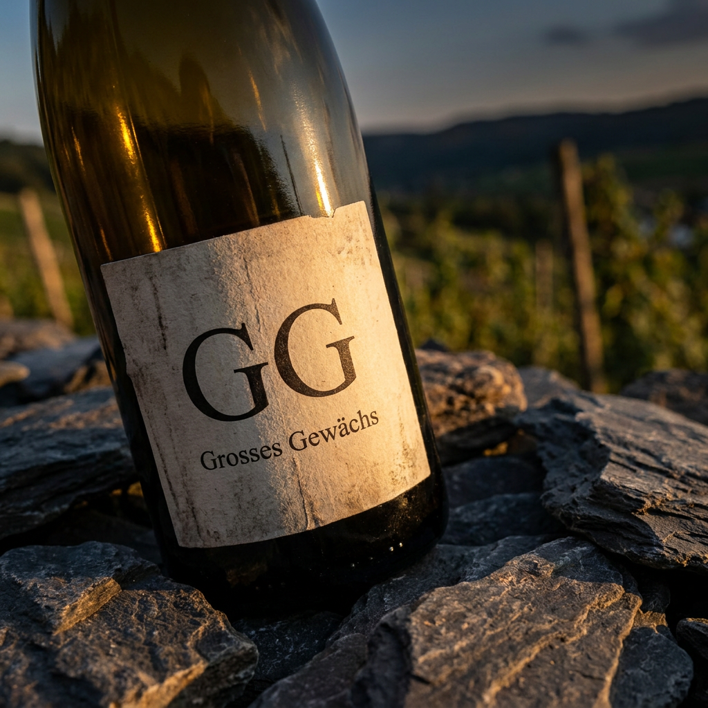 Nahaufnahme eines GG-Etiketts auf einer charakteristischen Flasche, daneben Schiefergestein aus einem Mosel-Weinberg im Abendlicht