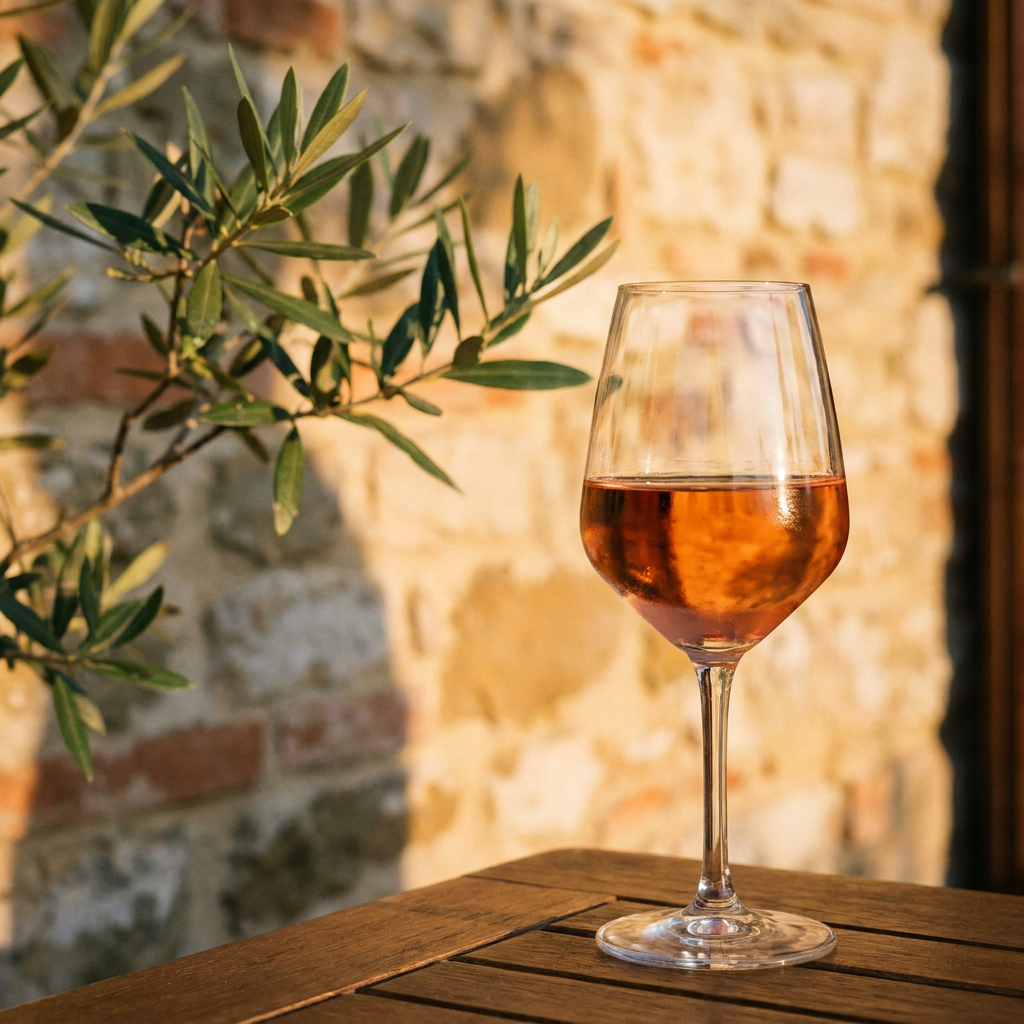 Nahaufnahme eines lachsfarbenen Rosé-Weins im Glas, mediterranes Licht, Olivenzweig im Hintergrund, Venetien-Atmosphäre