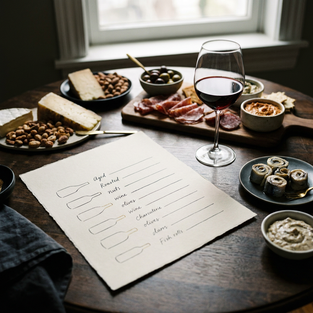 Prompt auf Deutsch: Draufsicht auf eine Pairing-Tabelle auf Papier neben einem Weinglas und verschiedenen Snacks, helles natürliches Licht, Stillleben-Ästhetik