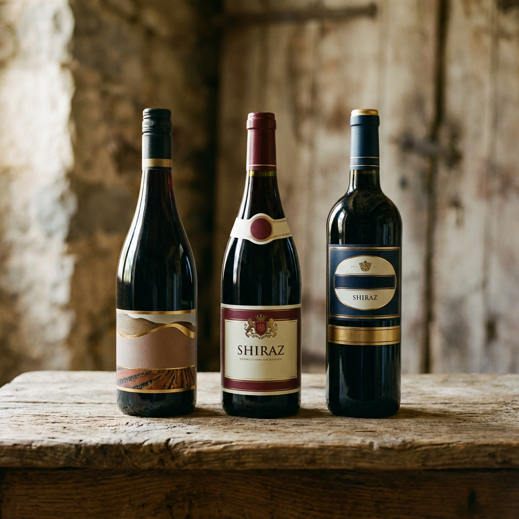 Prompt auf Deutsch: Drei verschiedene Shiraz-Flaschen nebeneinander auf einem Holzbrett, unterschiedliche Etiketten aus Australien, Frankreich und Spanien, natürliches Tageslicht