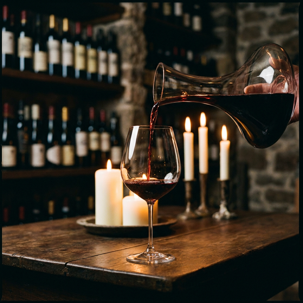 Prompt auf Deutsch: Elegante Dekantierkaraffe mit tiefrotem Shiraz, daneben ein großes Burgunder-Glas, Kerzenlicht, dunkler Hintergrund, Weinflaschen im Hintergrund