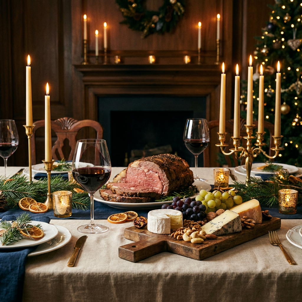 Prompt auf Deutsch: Festlich gedeckter Tisch mit Kerzenlicht, einem Glas Cabernet Sauvignon, einem Rinderbraten als Hauptgericht und einer Käseplatte als Abschluss, warme Weihnachtsatmosphäre, goldenes Licht