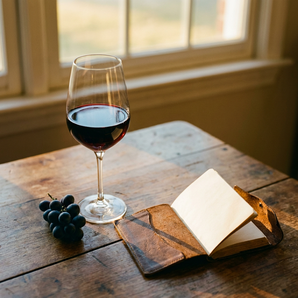 Prompt auf Deutsch: Nahaufnahme eines Glases alkoholfreien Rotweins auf einem Holztisch, daneben eine Weintraube und ein kleines Buch, warmes Abendlicht, ruhige Atmosphäre