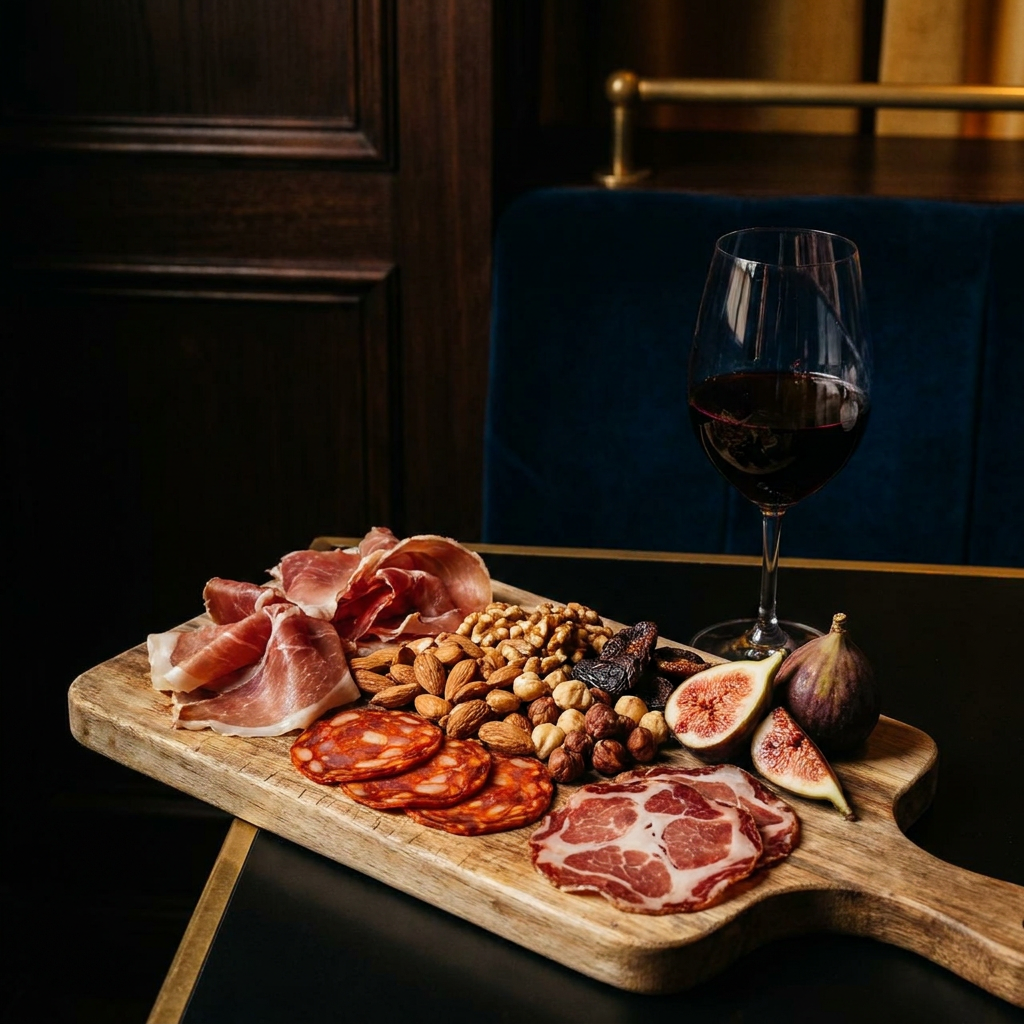 Prompt auf Deutsch: Nahaufnahme eines Holzbretts mit Charcuterie, gerösteten Nüssen, Feigen und einem Glas Rotwein, dunkler Hintergrund, stimmungsvolles Licht