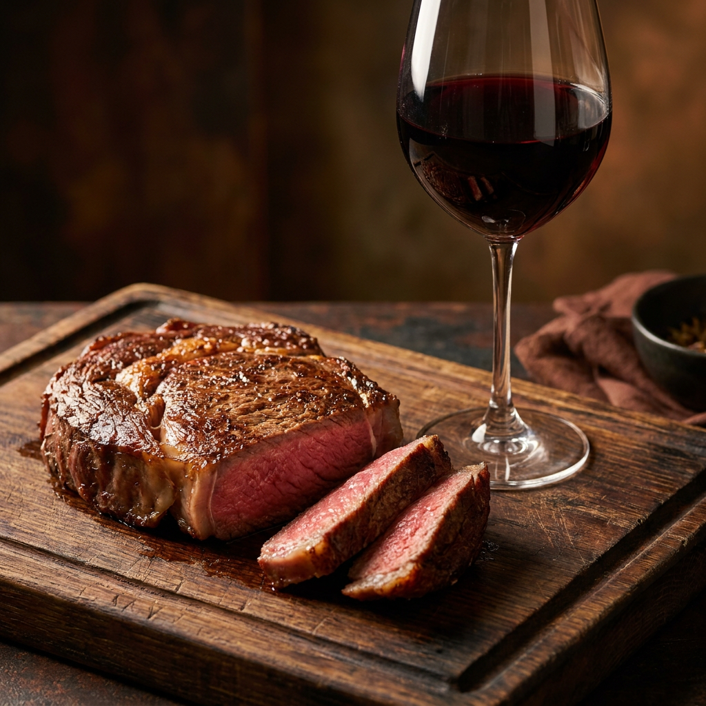 Prompt auf Deutsch: Nahaufnahme eines medium-rare geschnittenen Ribeye-Steaks mit Röstaromen, daneben ein volles Rotweinglas mit tiefrotem Cabernet Sauvignon, rustikale Holzunterlage, dramatisches Seitenlicht