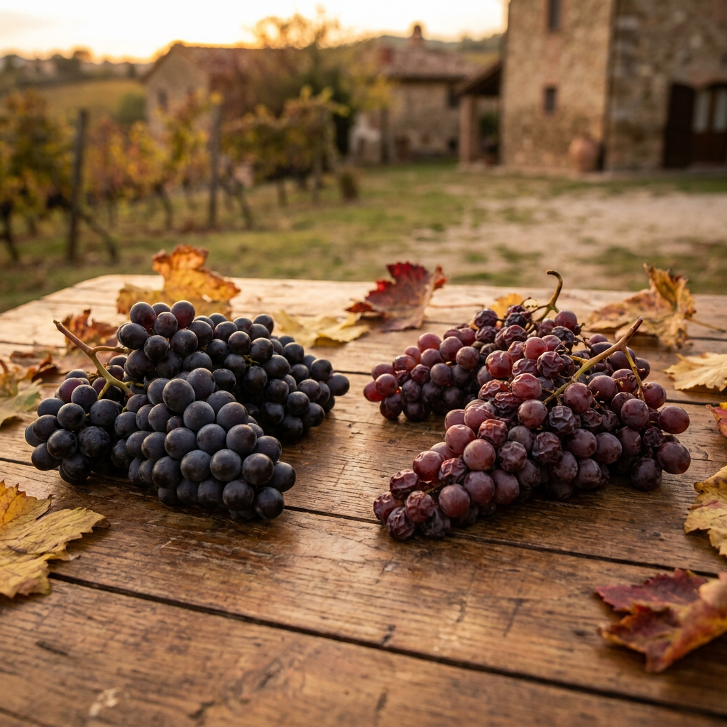 Prompt auf Deutsch: Nebeneinanderstellung von Primitivo-Trauben aus Apulien und Corvina-Trauben aus Venetien auf rustikalem Holztisch, warme Herbstfarben, authentisch-handwerkliche Atmosphäre