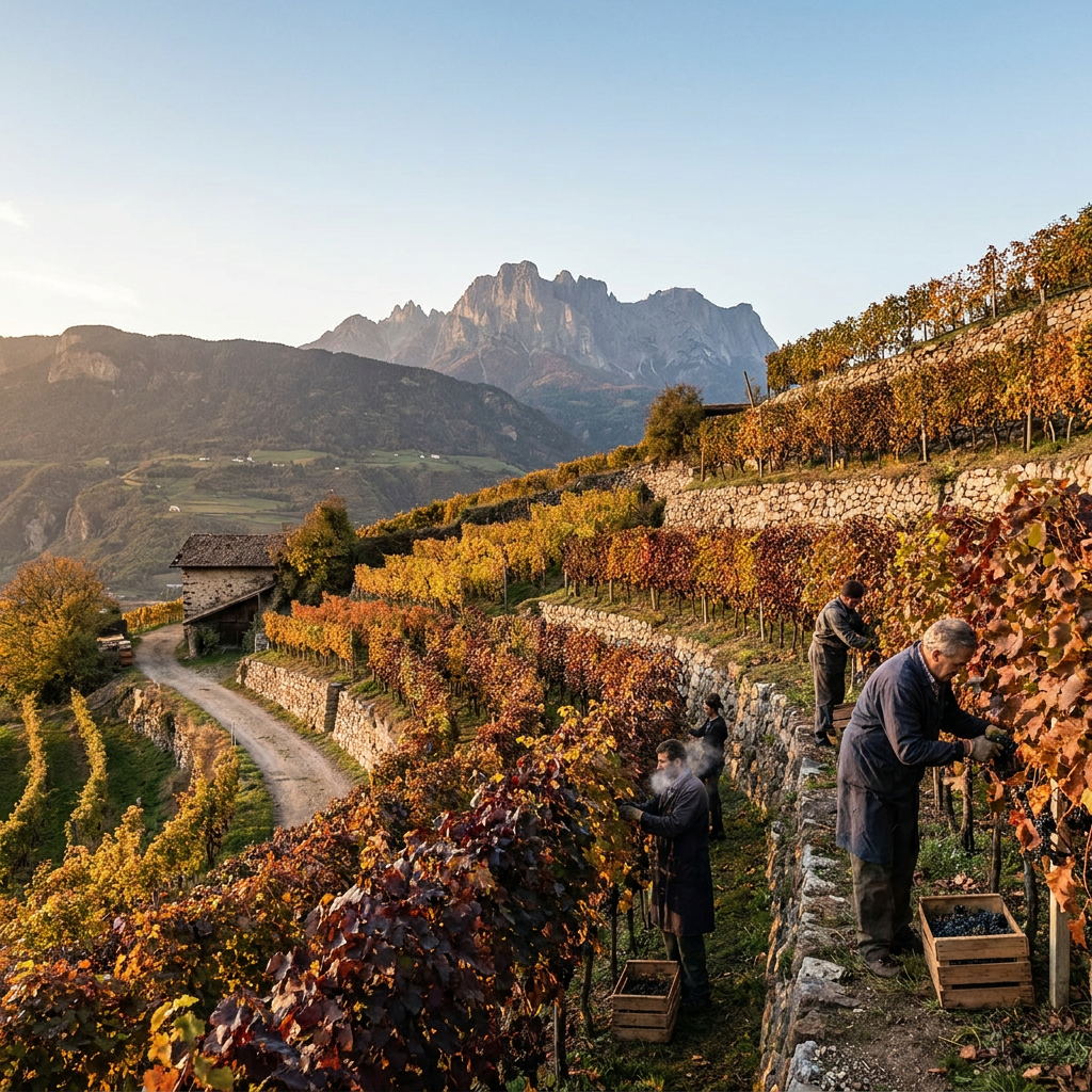 Prompt auf Deutsch: Terrassierte Weinberge in Südtirol mit Dolomiten im Hintergrund, Herbstfärbung der Reben, klares Alpenlicht, Weinlese-Atmosphäre