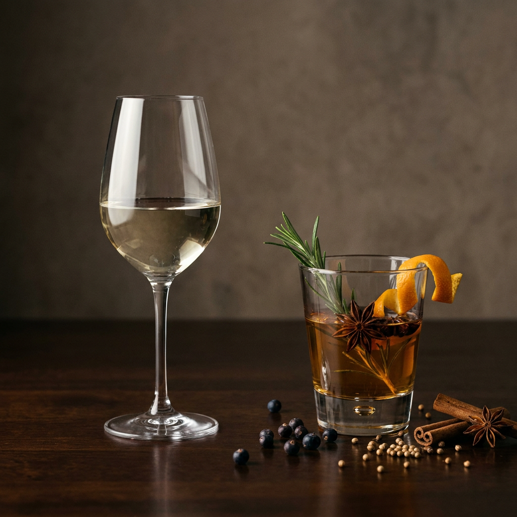 Prompt auf Deutsch: Vergleichende Stillleben-Aufnahme: links ein klassisches Weinglas mit hellem Weißwein, rechts ein Wermutglas mit Kräutern und Gewürzen, neutraler Hintergrund, klare Lichtsetzung