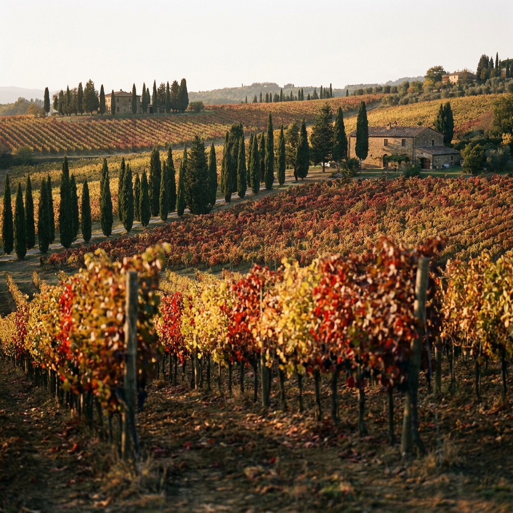 Prompt auf Deutsch: Weinberge im Chianti Classico Gebiet der Toskana, Herbst, Sangiovese-Reben in Rot- und Goldtönen, sanfte Hügel mit Zypressen im Hintergrund, goldenes Licht