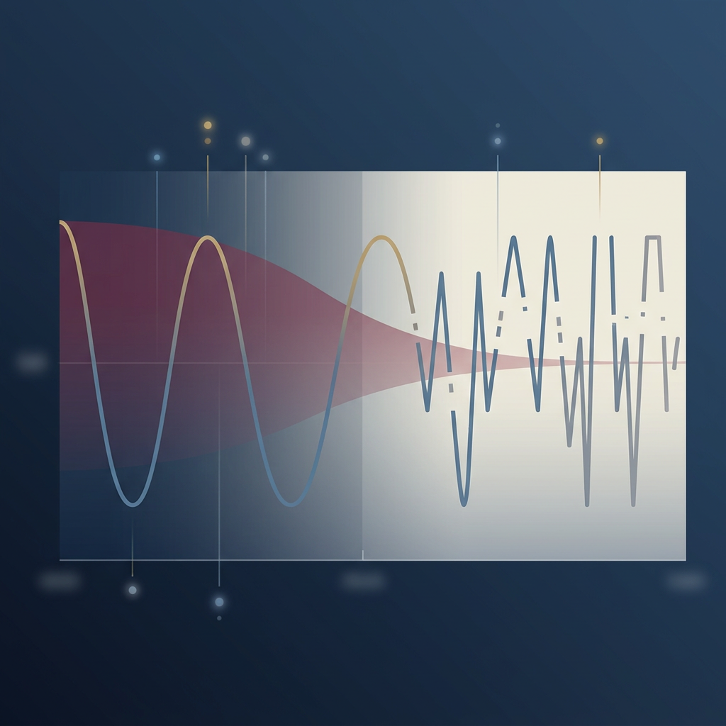 Prompt auf Deutsch: Wissenschaftliche Infografik-Ästhetik, schematische Darstellung von Schlafzyklen als Kurve über eine Nacht, mit markierten REM-Phasen und einem visuellen Einbruch in der zweiten Nachthälfte, ruhige Blau- und Grautöne