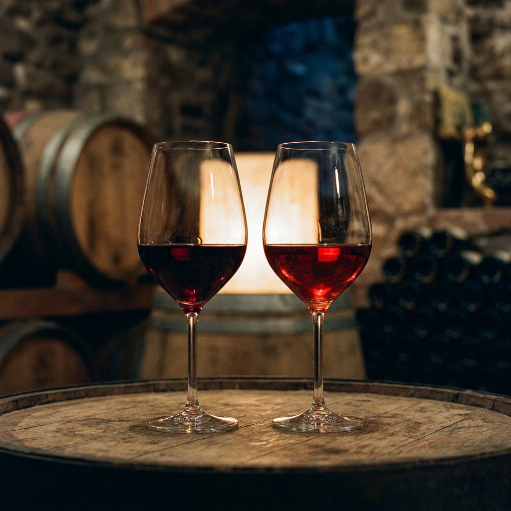 Prompt auf Deutsch: Zwei Weingläser nebeneinander, eines mit rotem Wein, eines mit alkoholfreiem Rotwein, im Gegenlicht, um Farbe und Transparenz zu vergleichen, stimmungsvolles Kellerlicht