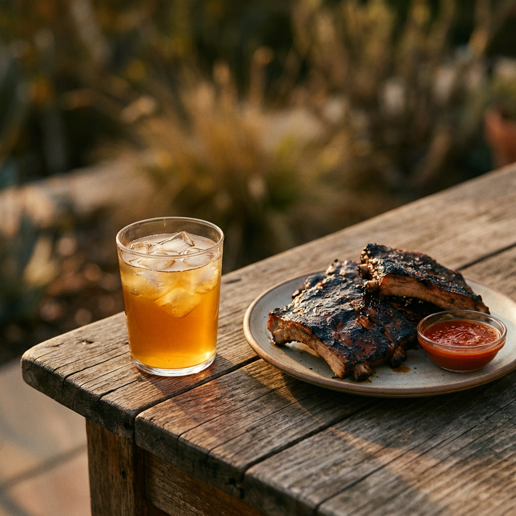 Rustikale Holztafel mit einem Glas bernsteinfarbenem Kombucha mit Eiswürfeln, daneben ein Teller mit gegrillten Rippchen und einer kleinen Schale mit scharfer Sauce, warmes Abendlicht