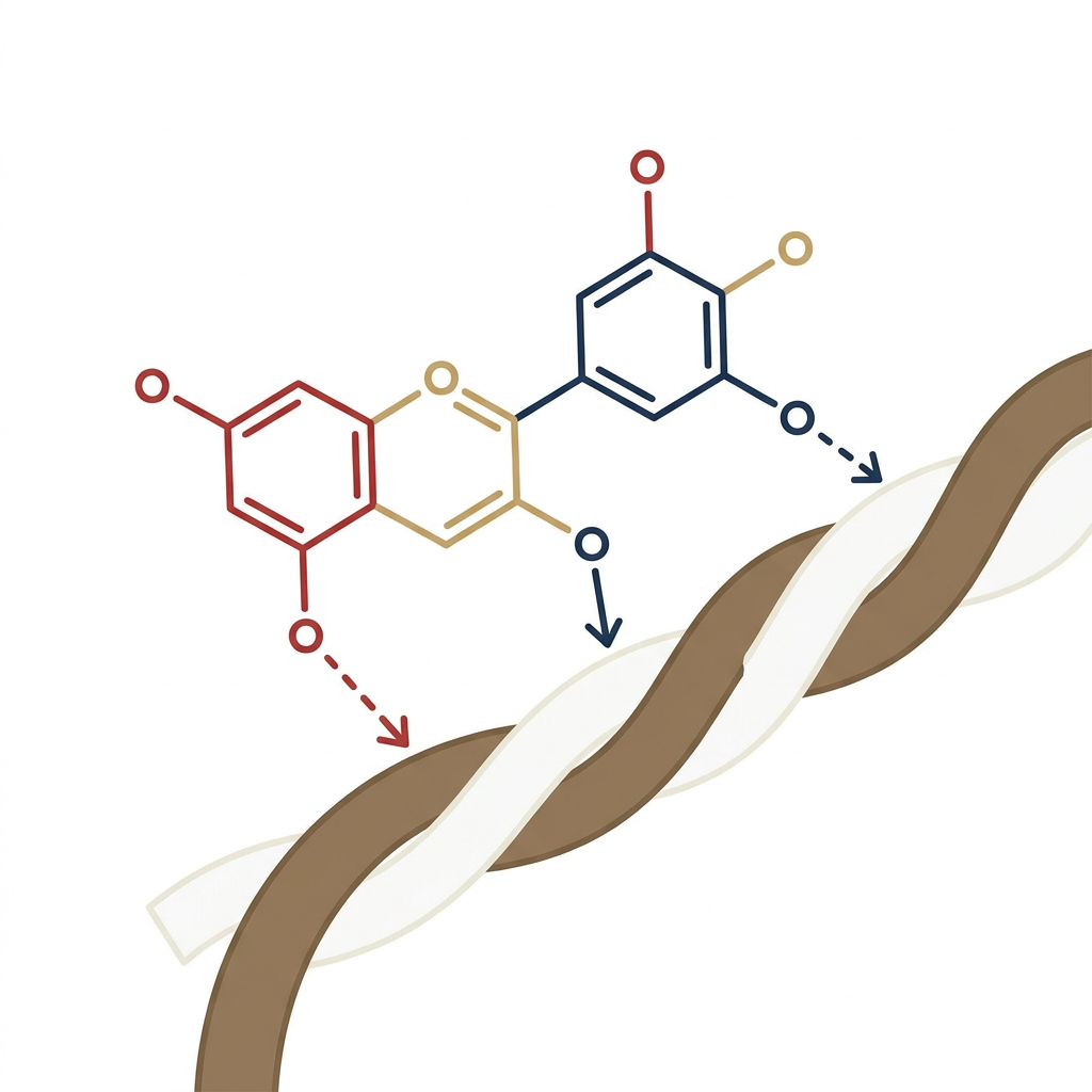 Schematische Darstellung eines Anthocyan-Moleküls, das sich an eine Textilfaser bindet, wissenschaftlich-illustrativ, klare Linien auf weißem Hintergrund