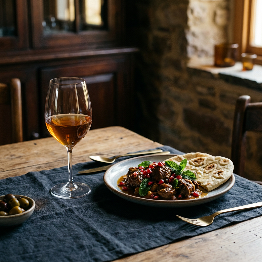 Stilvolles Food-Pairing-Setting mit einem Glas bernsteinfarbenem Orange Wine neben einem Teller mit orientalisch gewürztem Lamm, Granatapfelkernen und frischen Kräutern
