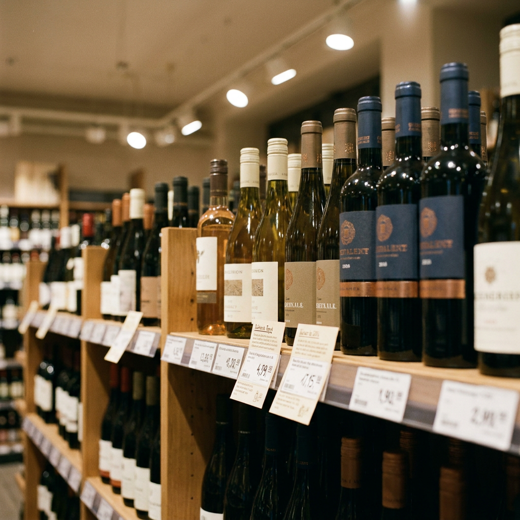 Supermarkt-Weinregal mit verschiedenen Flaschen, Fokus auf Preisschilder, warmes Ladenbeleuchtungslicht, Deutschland-Kontext