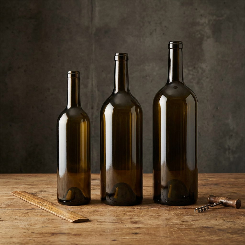 Vergleich einer Standard-Weinflasche (0,75 l) neben einer Magnum-Flasche (1,5 l) und einem Jeroboam (3 l), neutraler Hintergrund, Maßstab erkennbar