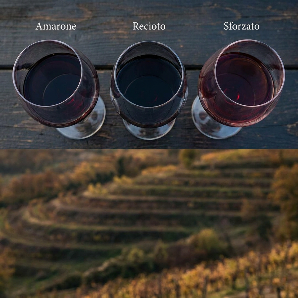 Vergleichende Draufsicht auf drei Weingläser mit Amarone, Recioto und Sforzato - Farbunterschiede sichtbar, Weinberge im Hintergrund unscharf