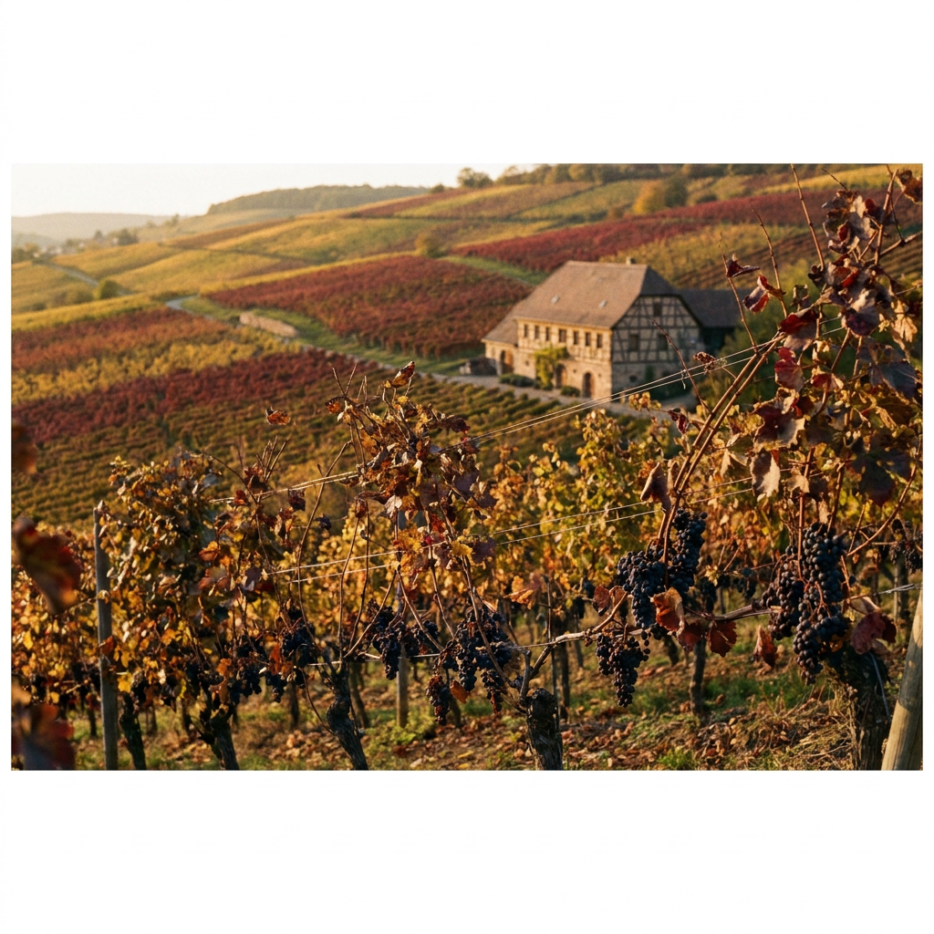 Weinberg im Herbst mit roten Blättern an den Reben, im Hintergrund ein deutsches Weingut, goldenes Nachmittagslicht