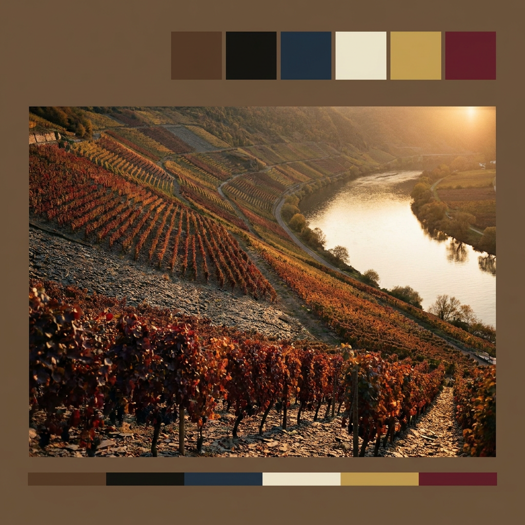 Weinberge im Herbstlicht, Saartal oder Rheingau, mit Blick auf Schieferböden und Rieslingreben, stimmungsvolle Weitwinkelaufnahme