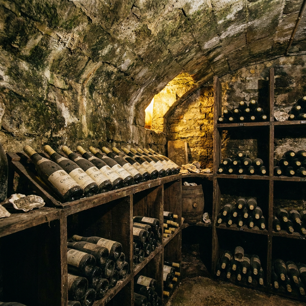 Weinflaschen in einem Steinkeller, Chablis-Etiketten sichtbar, gedämpftes Licht, feuchte Kellerwände, atmosphärische Stimmung