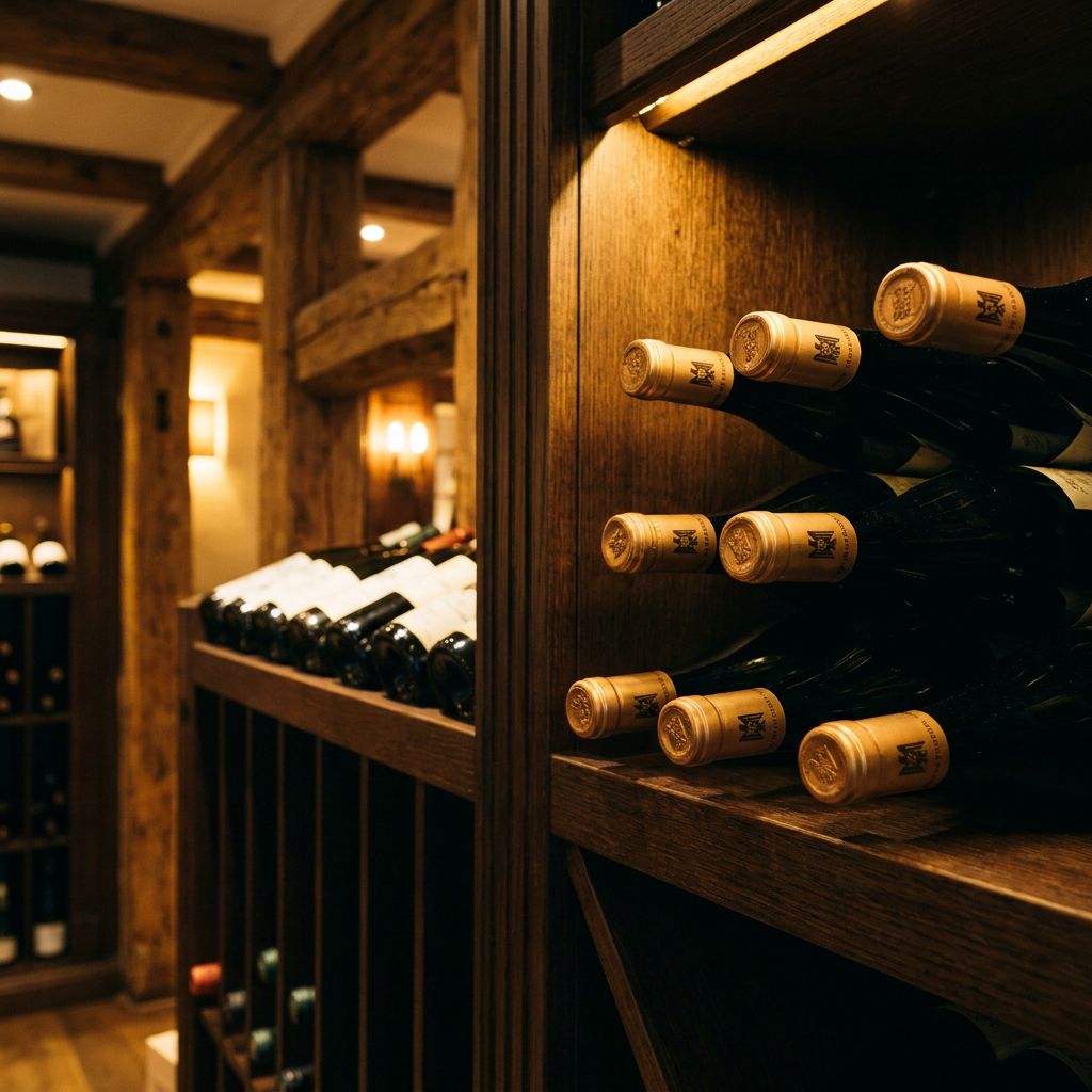 Weinregal in einer Münchner Vinothek mit deutschen VDP-Weinen, Fokus auf GG-Flaschen mit Traubenadler-Kapsel im warmen Licht
