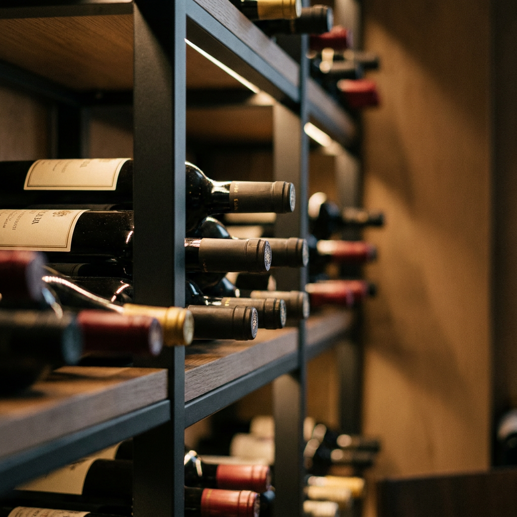 Weinregal in einer Vinothek, mehrere Flaschen mit sichtbaren Etiketten, warme Beleuchtung, Fokus auf Flaschenhälse und Korkdetails