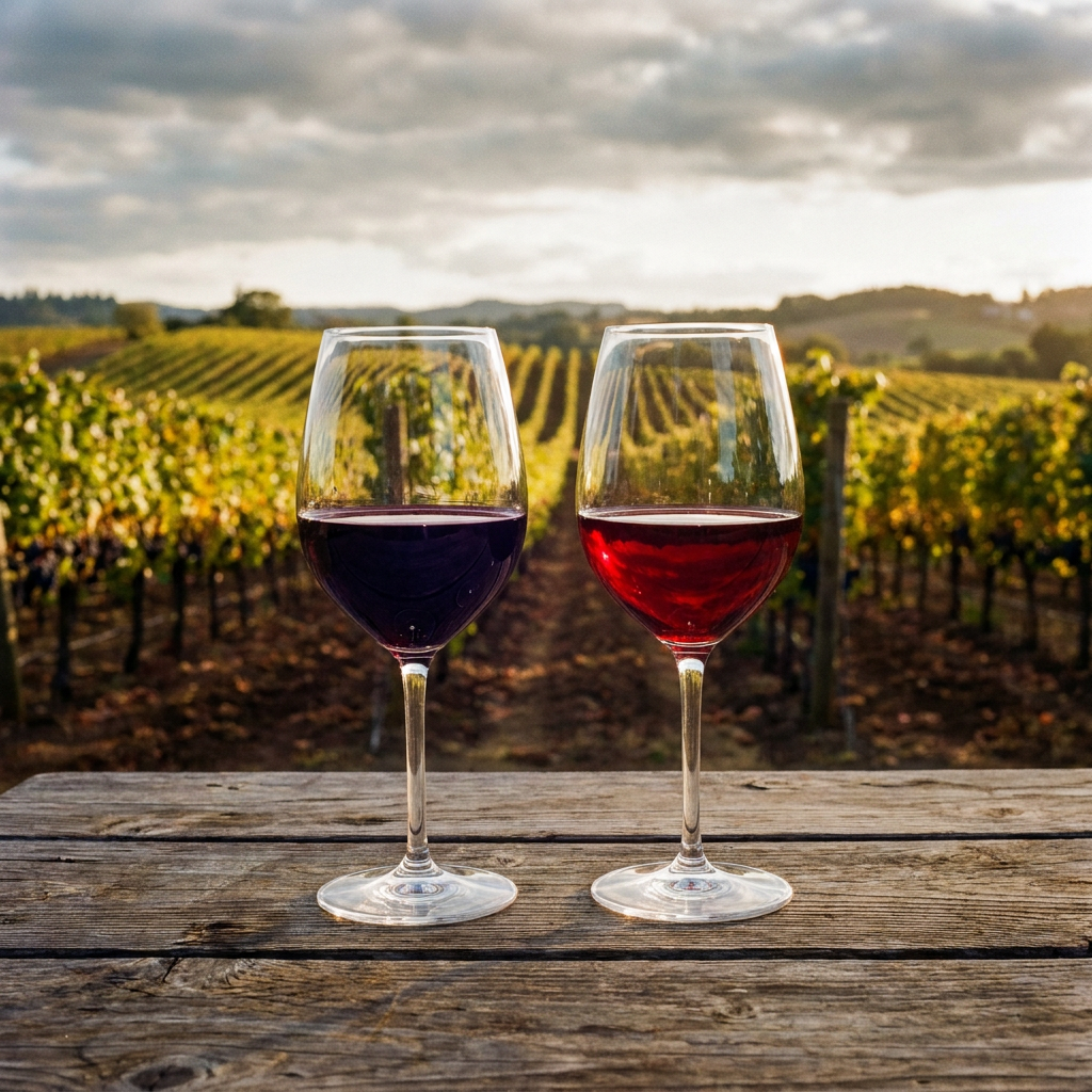 Zwei nebeneinander stehende Weingläser mit Cabernet Sauvignon, eines mit einem tiefviolett-roten, dichten Bordeaux-Stil, das andere mit einem rubinroten, opulenteren Napa-Stil, auf einem Holztisch mit Weinbergen im Hintergrund