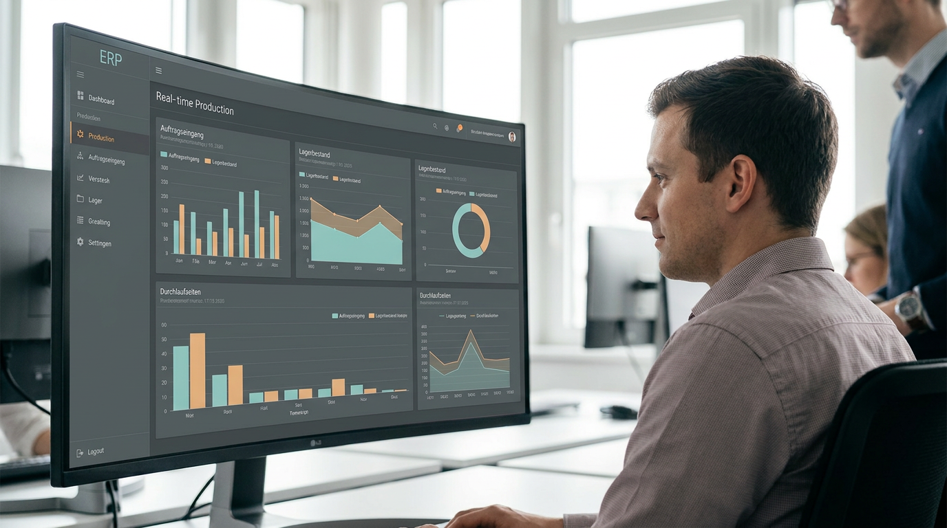 Dashboard eines ERP-Systems mit Echtzeit-Kennzahlen zu Auftragseingang, Lagerbestand und Durchlaufzeiten in einem mittelständischen Produktionsbetrieb