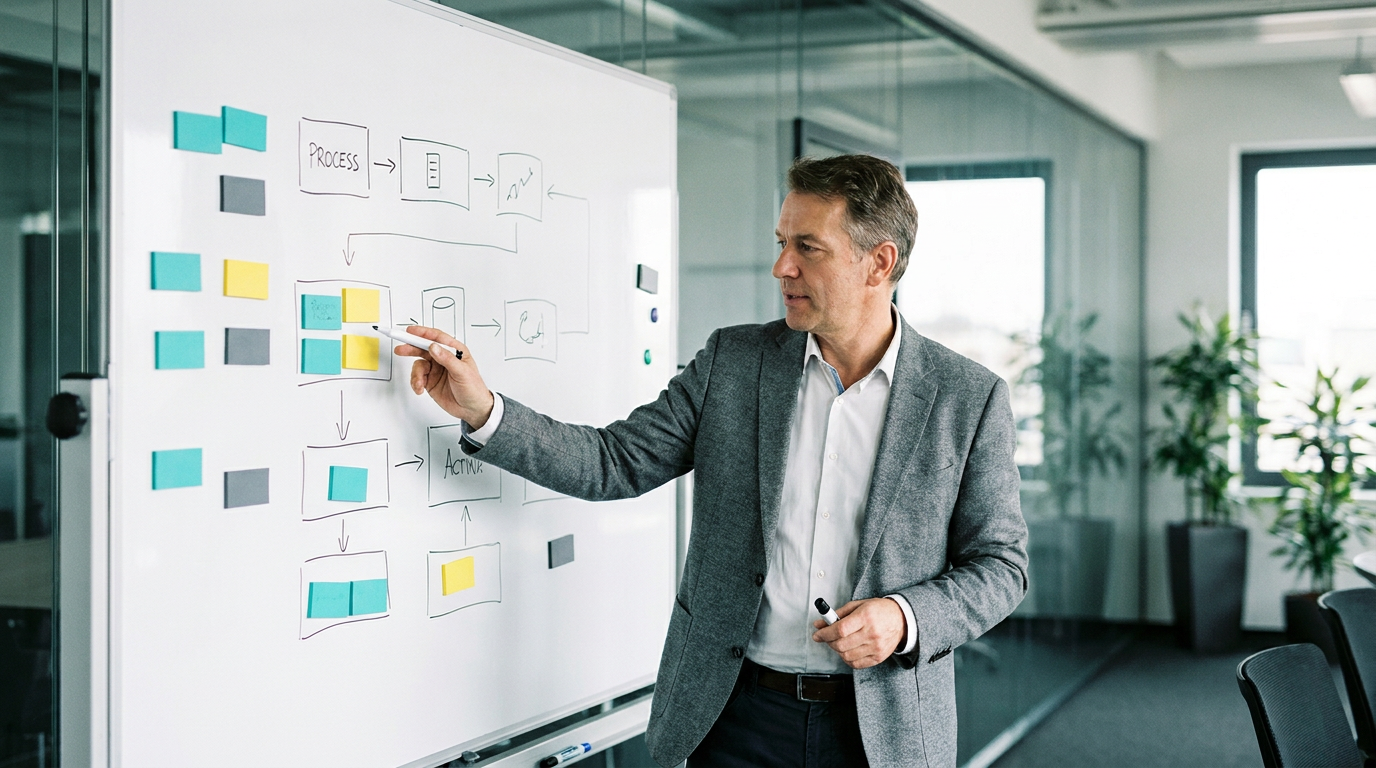 Geschäftsführer eines mittelständischen Unternehmens steht vor einem Whiteboard mit Prozessdiagrammen und digitalen Bausteinen, Besprechungsraum im Hintergrund