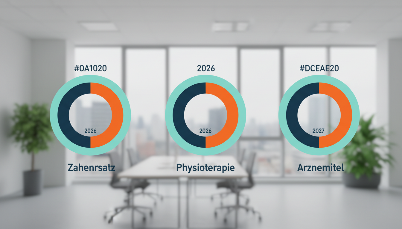 Infografik mit drei Kreisdiagrammen, die den steigenden Eigenanteil bei Zahnersatz, Physiotherapie und Arzneimitteln von 2026 zu 2027 vergleichen