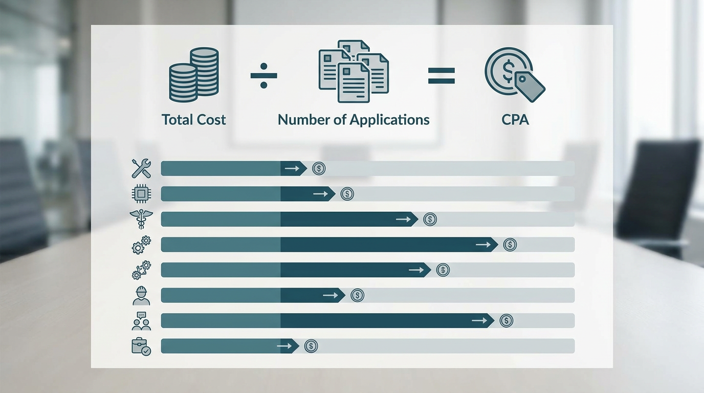 Infografik mit der CPA-Berechnungsformel und Benchmark-Spannen nach Branche, dargestellt als horizontales Balkendiagramm