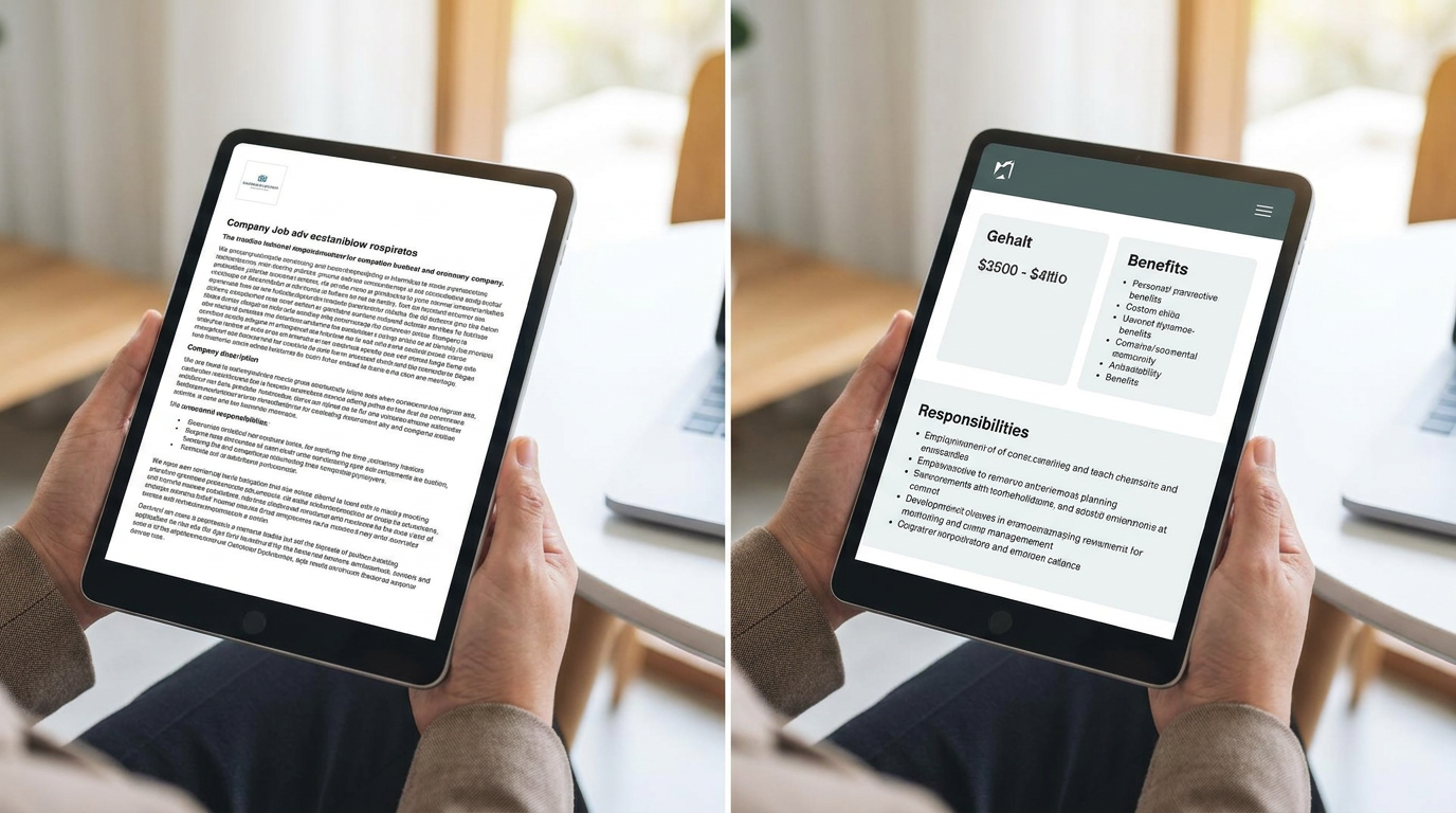 Vorher-Nachher-Vergleich einer Stellenanzeige, links klassischer Aufbau mit langem Unternehmenstext, rechts nutzenfokussiertes Format mit Gehalt und Benefits oben
