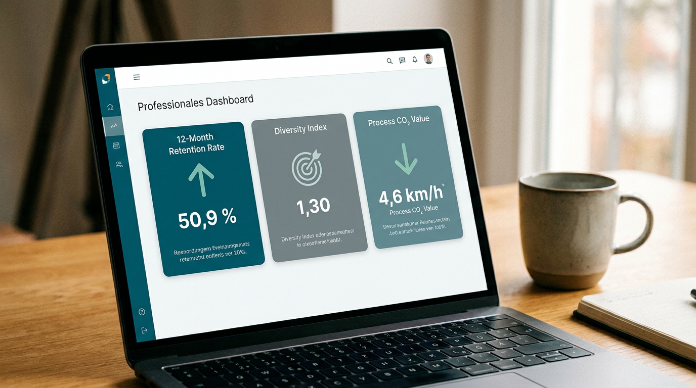 Dashboard-Mockup mit drei KPI-Kacheln: 12-Monats-Verbleibquote, Diversitätsindex und Prozess-CO₂-Wert, jeweils mit Trendpfeil und Zielwert