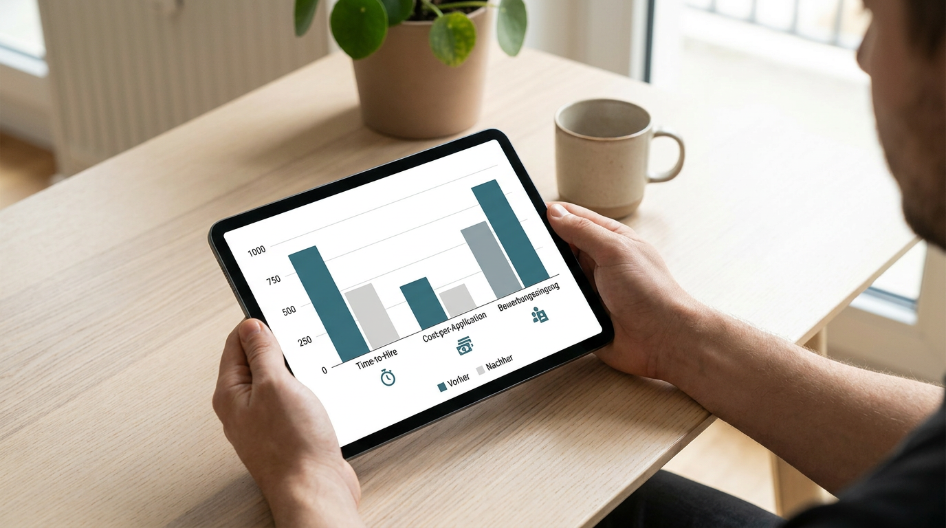 Balkendiagramm mit Vorher-Nachher-Vergleich der KPIs: Time-to-Hire, Cost-per-Application und Bewerbungseingang