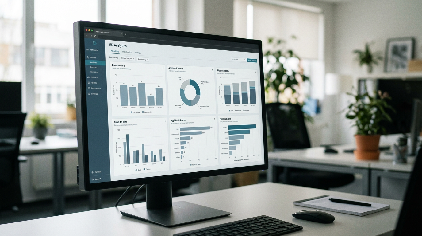 Dashboard mit Recruiting-Kennzahlen wie Time-to-Hire, Bewerbungseingang und Kanalperformance auf einem Bildschirm in einem HR-Büro