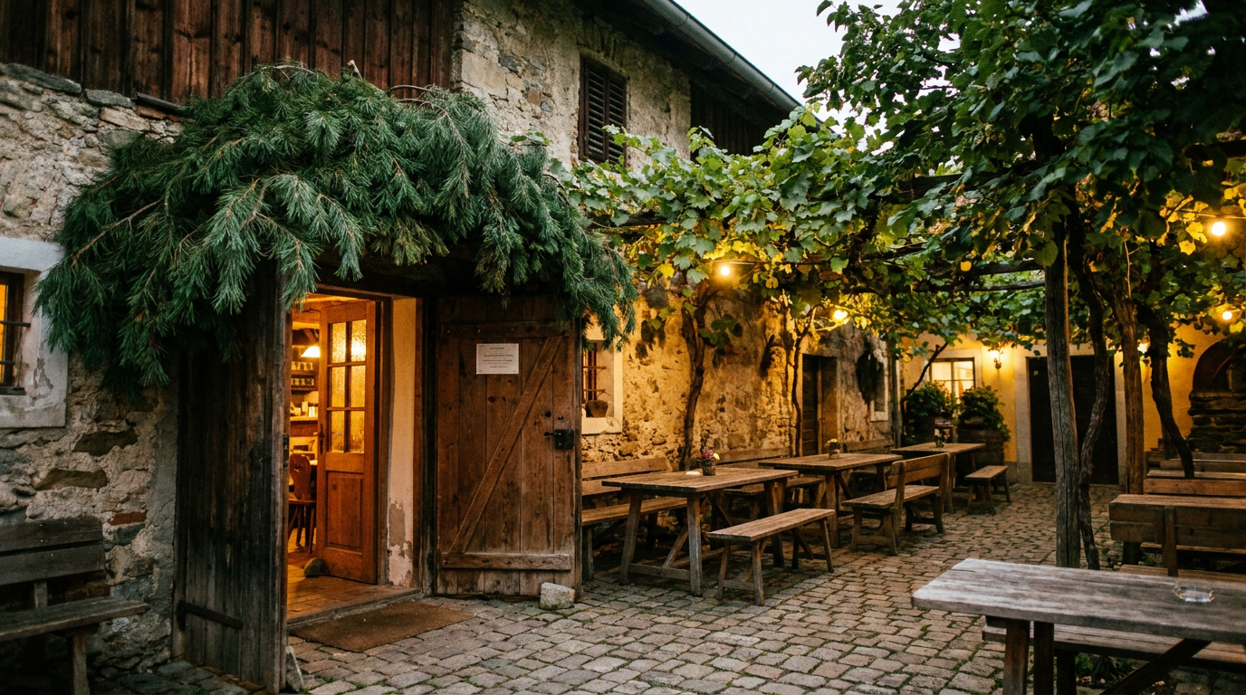 Traditioneller Wiener Buschenschank mit Föhrenbusch über dem Eingang und einfachen Holztischen im Innenhof